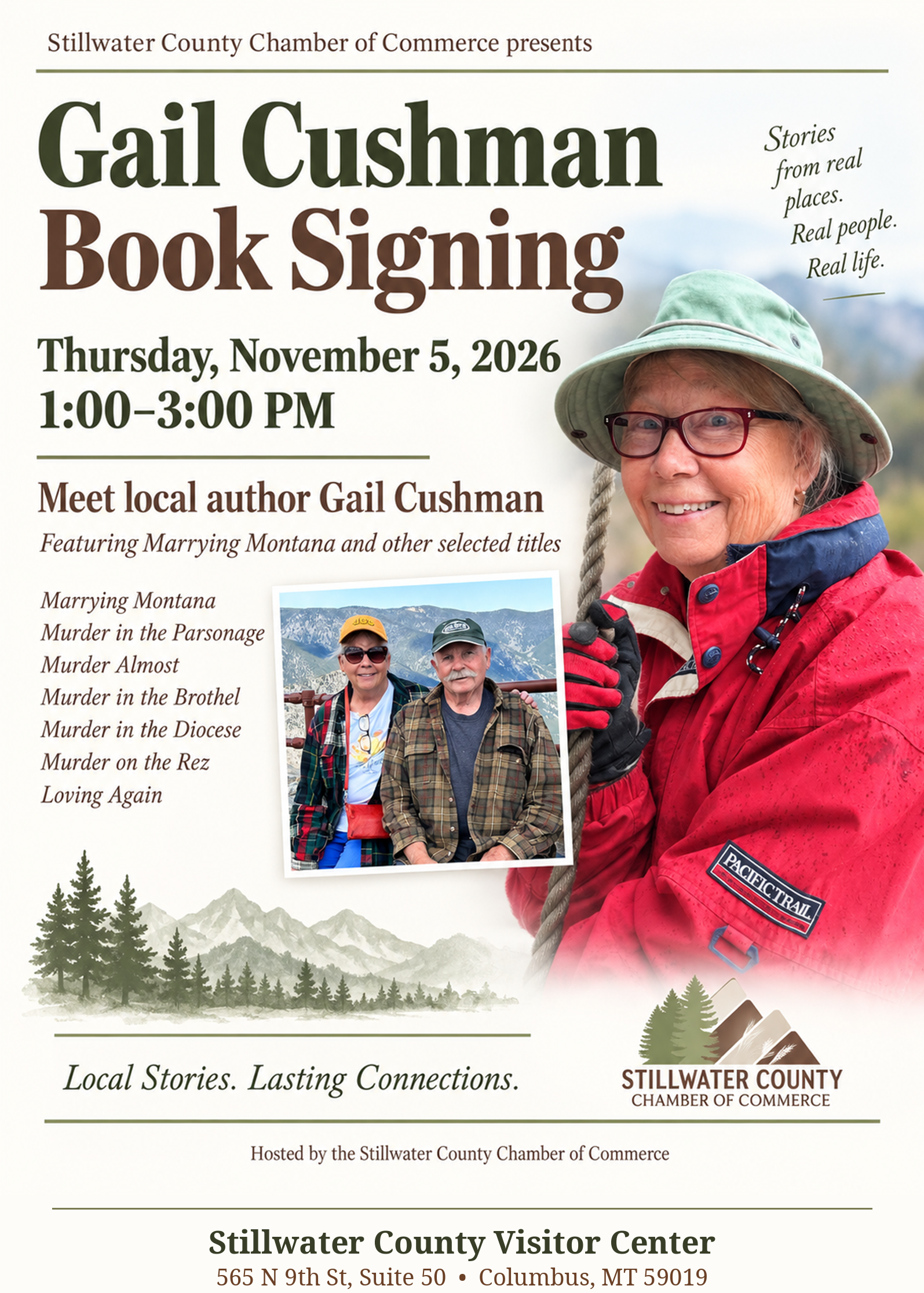 Official poster for the Gail Cushman Book Signing on Thursday, November 5, 2026, 1:00-3:00 PM at the Stillwater County Visitor Center in Columbus, Montana